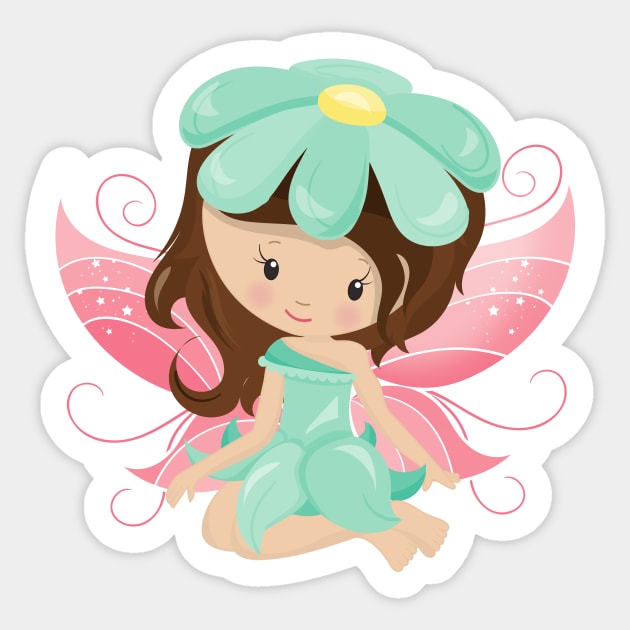 Forest Fairy, Cute Fairy, Brown Hair, Flowers Sticker by Jelena Dunčević